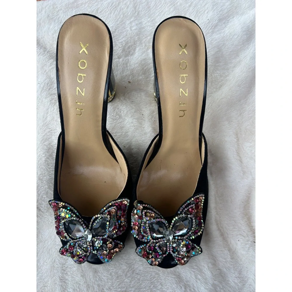 Kobzin Crystal Butterfly Mules Womens Size 11 Black Excellent Jeweled Block Heel - Picture 2 of 11